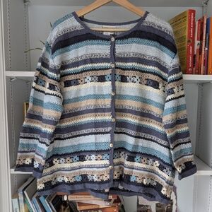 Coldwater Creek Women's Cardigan Sweater Crochet Blue Sz XXL Costal Grandma Boho